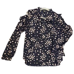 Ann Taylor Floral Blouse Size S Ruffle Sleeve Navy Work Top